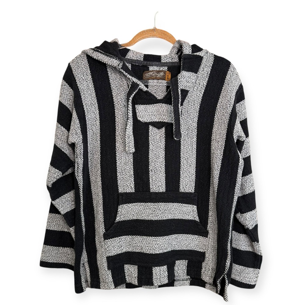 Retrofit Baja Hoodie Black and White Striped Pullover Size Large Hand Made